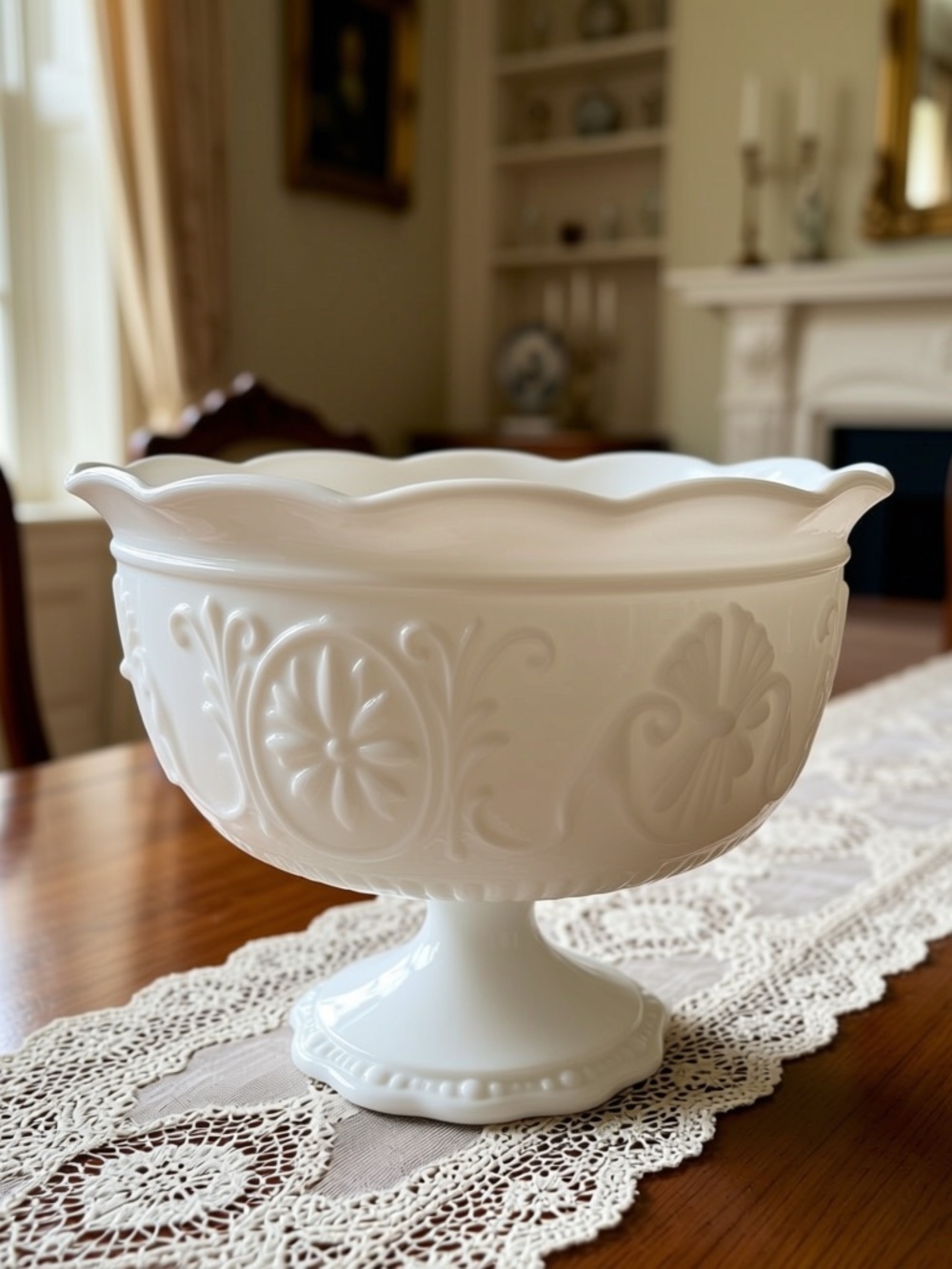 Indiana Milk Glass White Scalloped Pedestal Compote Bowl  Vintage 1970 6” Tall